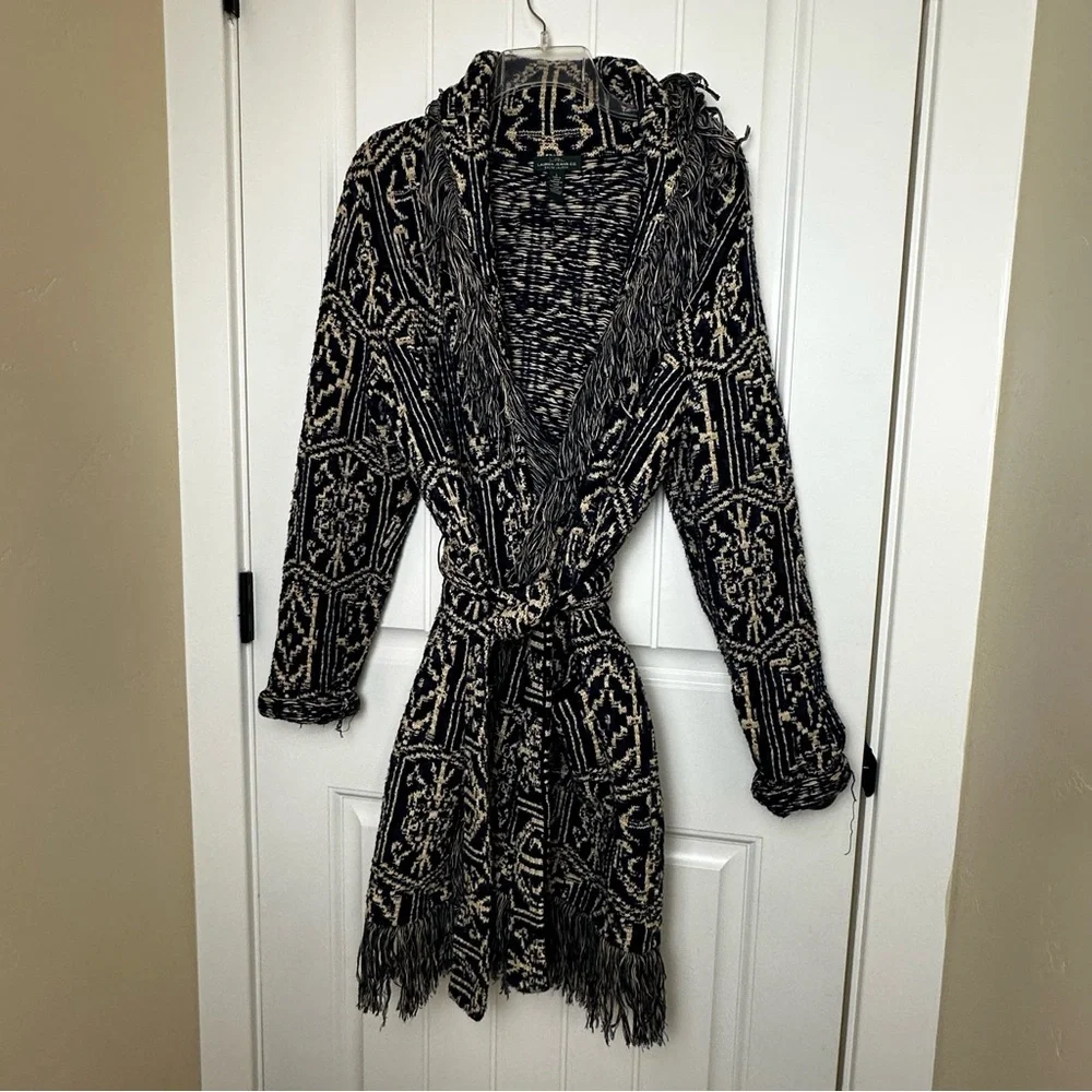 Ralph Lauren Women's Jacquard Nautical Blue Fringe Cardigan/Jacket- Size Large - Picture 3 of 13